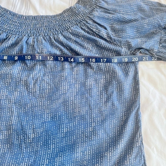 PRANA CHRYSSA OFF THE SHOULDER TOP IN BLUE SPRINKLE RUFFLE SLEEVE SZ S - Picture 7 of 8